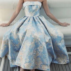 Mac Duggal Strapless Blue and Gold Floral Dress